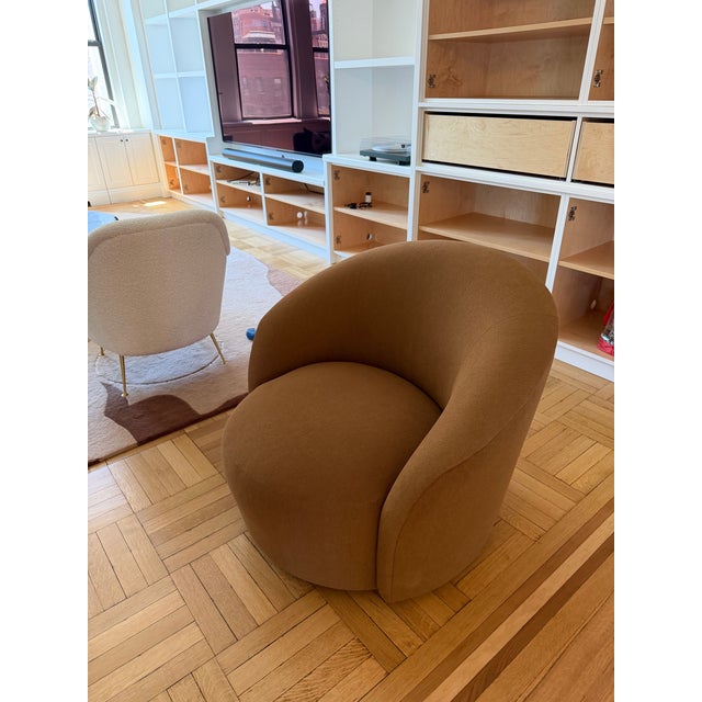 Restoration Hardware Copenhagen Swivel Chair Fabric: Performance Linen Weave Color: Burnt Caramel Overall: 36"W x 34"D x...