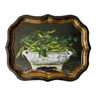 Keller Charles Toleware Serving Tray With Stephanie Hoppen Artwork Featuring Blue and White Porcelain For Sale