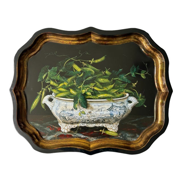 Keller Charles Toleware Serving Tray With Stephanie Hoppen Artwork Featuring Blue and White Porcelain For Sale