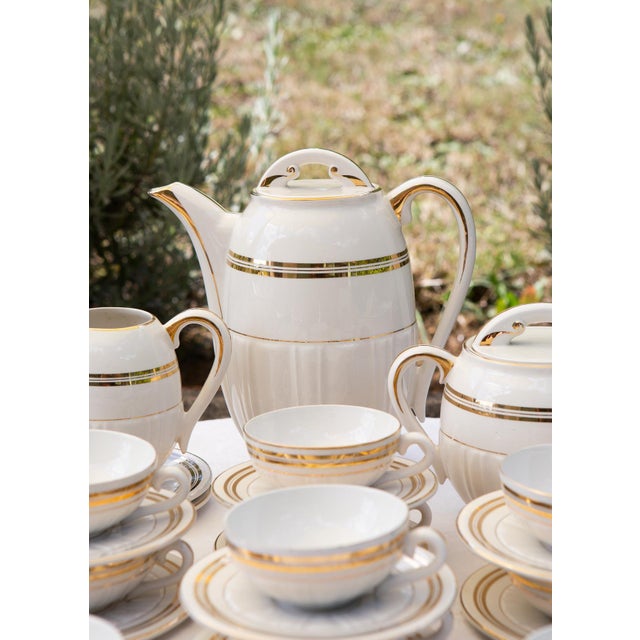 French Earthenware Coffee Set for 10 with Hamage Gold Rim, 1930s, Set of 25 For Sale - Image 3 of 7
