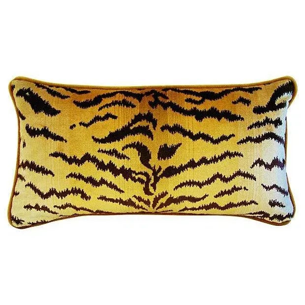 Stunning pair of designer custom-tailored pillows in Italian handloomed Scalamandré "Le Tigre" tiger print silk velvet...