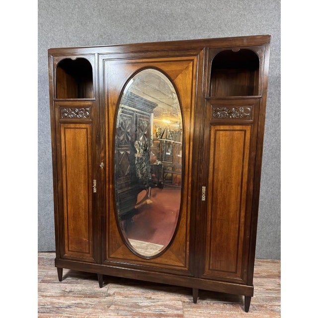 Art Nouveau Mirrored Wardrobe in Macassar Ebony and Walnut, 1890s For Sale - Image 4 of 7