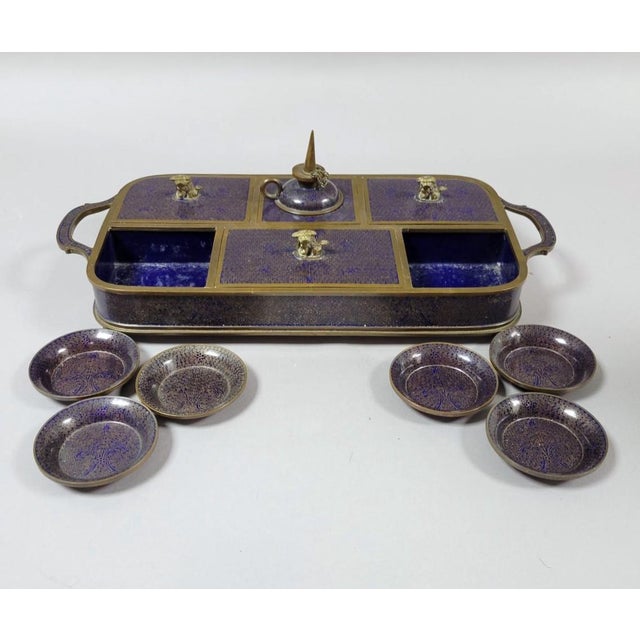 Late 19th Century Late 19th Century Chinese Qing Cloisonné Opium Tray With Original Burner, Foo Dog Covers & Six Dishes For Sale - Image 5 of 11