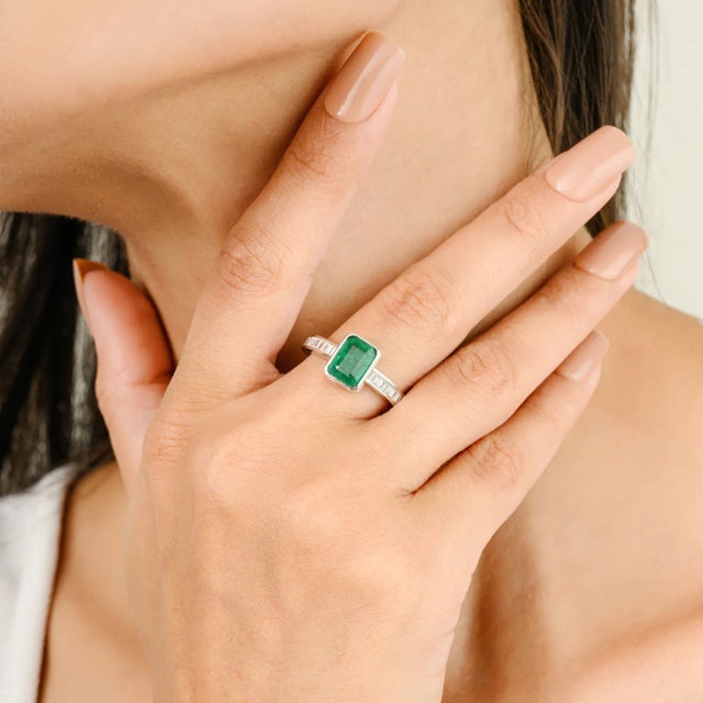 Not Yet Made - Made To Order Art Deco Rectangular Emerald Baguette Cut Diamond Solitaire Ring Size 6.5 For Sale - Image 5 of 8