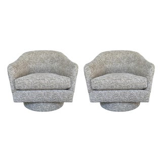 Revelation Modern Off-White and Olive Boucle Coupe Swivel Chairs Pair For Sale