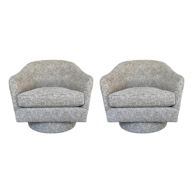 Revelation Modern Off-White and Olive Boucle Coupe Swivel Chairs Pair For Sale
