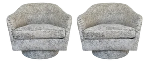 Revelation Modern Off-White and Olive Boucle Coupe Swivel Chairs Pair