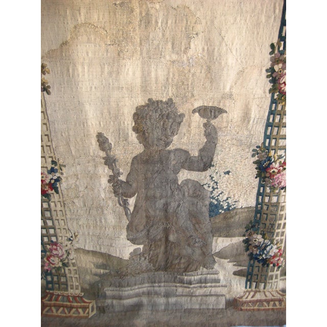 Textile French Aubusson Verdure View of a Trellis Decor, Flowers and Putti Statue 1700 Hundreds For Sale - Image 7 of 17