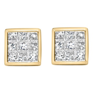 14K Yellow Gold 1.0 Cttw Princess Cut Diamond Composite Stud Earrings with Screw Backs , A Pair(J-K Color, SI1-SI2 Clarity) For Sale