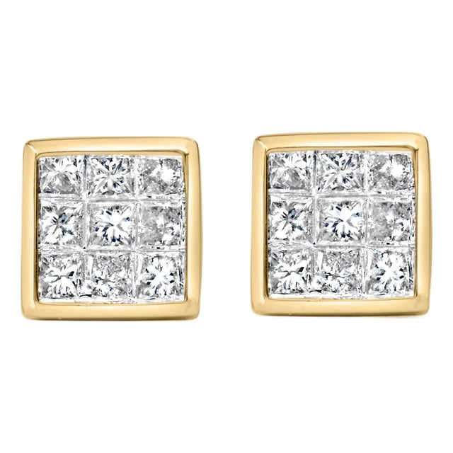 14K Yellow Gold 1.0 Cttw Princess Cut Diamond Composite Stud Earrings with Screw Backs , A Pair(J-K Color, SI1-SI2 Clarity) For Sale