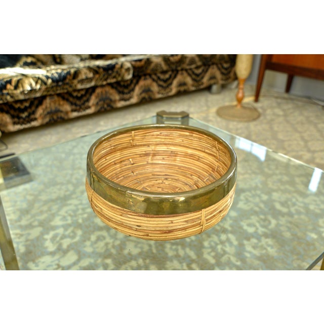 Goldenrod Rattan, Cane and Brass Basket by Vivai Del Sud, Italy, 1970s For Sale - Image 8 of 12