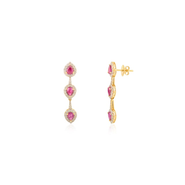 14k Gold Pear Drop Ruby Diamond Dangle Earrings- 2 Pieces For Sale - Image 4 of 8