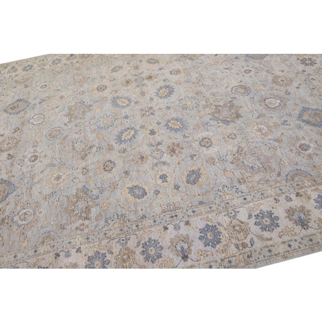 2010s Gray Modern Tabriz Handmade Indian Wool Rug With Floral Design by Apadana For Sale In New York - Image 6 of 7