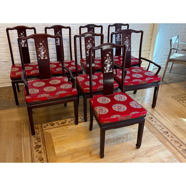 Vintage Qing Style Rosewood Dining Table + Chairs With Mother of Pearl Inlays, Set For Sale - Image 9 of 12
