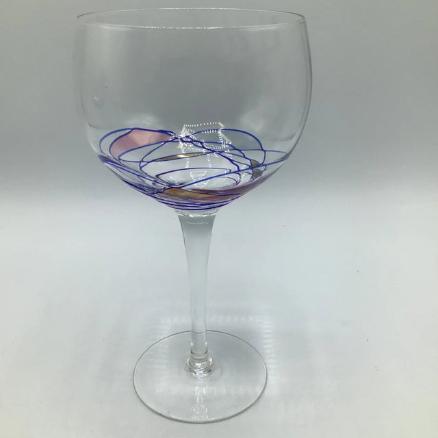Nice set of hand blown balloon shaped wine glasses with a mosaic pattern. Romanian Cristiro.