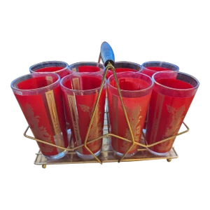 1960s Vintage Mid-Century Modern Culver Red and Gold Thai Goddess Highball Glasses- Set of 6