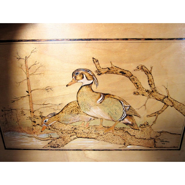 Rustic Late 20th Century Folk Art Choctaw Native American Pyrogrophy Wood Burning Wood Duck Art Signed For Sale - Image 3 of 15