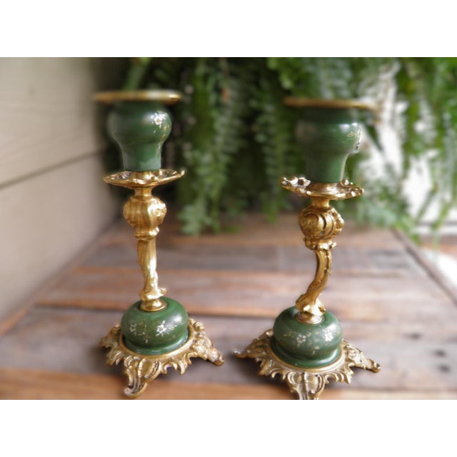 Rococo Antique Ornate Brass & Etched Enamel Baroque Rococo Revival Candle Holders For Sale - Image 3 of 8