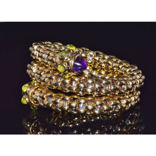 Metal Rare Vintage Fope 18k Gold Double Wrap Twist Snake Bracelet With Amethyst & Peridot For Sale - Image 7 of 15