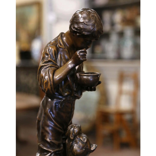Metal Early 20th C. Belgian Patinated Spelter Sculpture of Boy Feeding Dog by Rousseau For Sale - Image 7 of 12