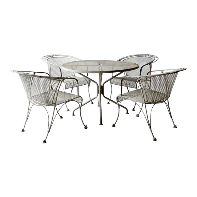 Mid-Century Wrought Iron & Mesh Outdoor Dining Set For Sale