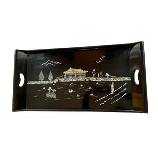 Vintage 1950s Korean Black Lacquer Inlaid Tray For Sale