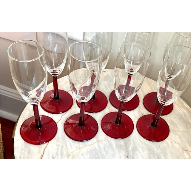 Mid-Century Modern Champagne Flutes With Red Stems - Set of 8 For Sale - Image 3 of 10