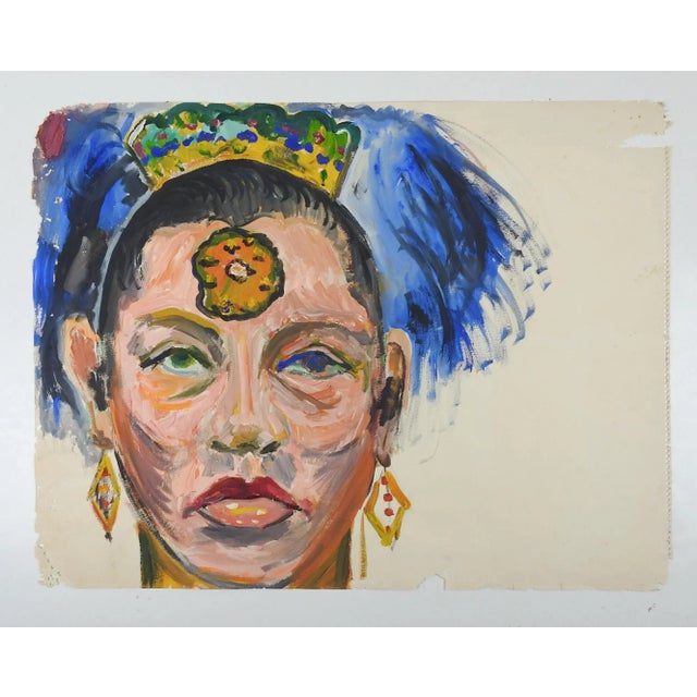 Vintage circa 1950's gouache on paper painting. Woman in colorful and bold headdress. Unsigned, from the estate of Geneva...