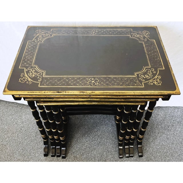 Hollywood Regency Vintage Hollywood Regency Nesting Tables in Ebony Finish With Gold Painted Accents- Set of 4 For Sale - Image 3 of 13