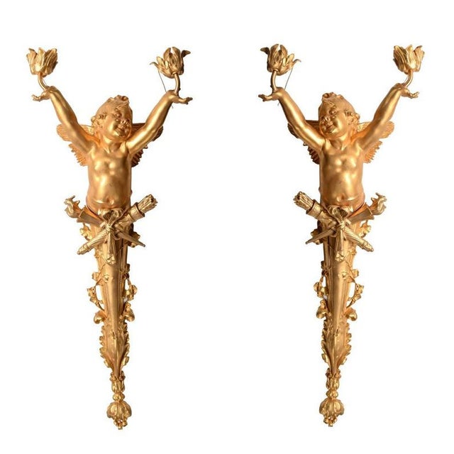 French Gilt Bronze Cherub Wall Lights, Set of 2 For Sale - Image 4 of 4