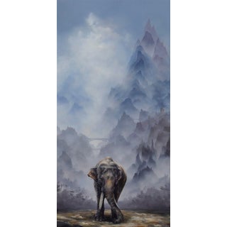 Asian Elephant Standing Before Hazy Blue Mountains by Brian Mashburn | Oil on canvas of an elephant in a misty landscape For Sale