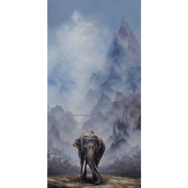 Asian Elephant Standing Before Hazy Blue Mountains by Brian Mashburn | Oil on canvas of an elephant in a misty landscape For Sale