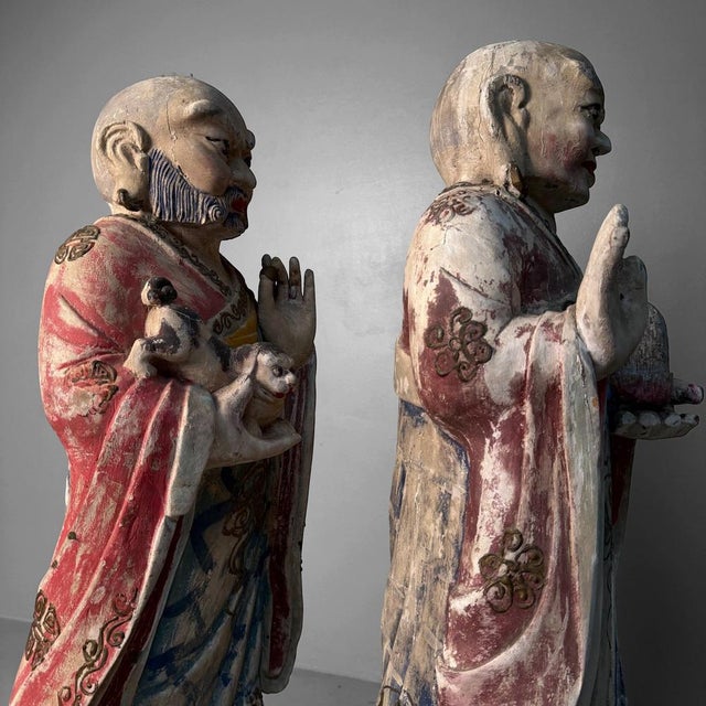 Large Polychrome Wooden Temple Figures on Lotus Bases, Korea, 19th Century, Set of 2 For Sale - Image 11 of 18