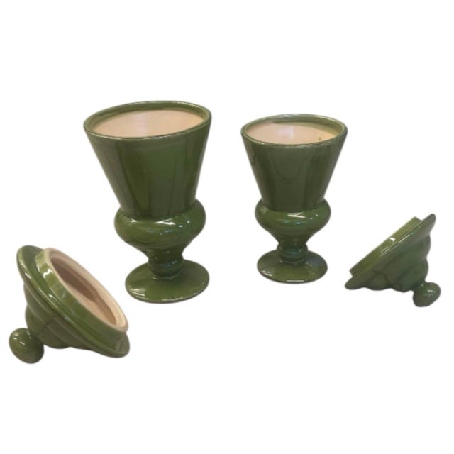 Pair of Vintage Olive Green Glazed Ceramic Covered Urns - Graduated Sizes For Sale In West Palm - Image 6 of 12