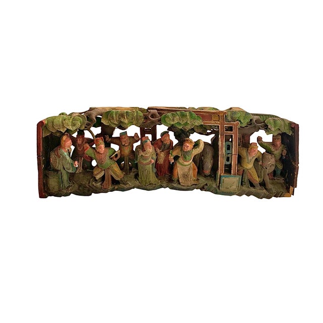 Late 20th Century Hand Carved Relief Wood Panel Temple Scene Old Vintage Folk Art Oriental Decor For Sale In Tulsa - Image 6 of 9