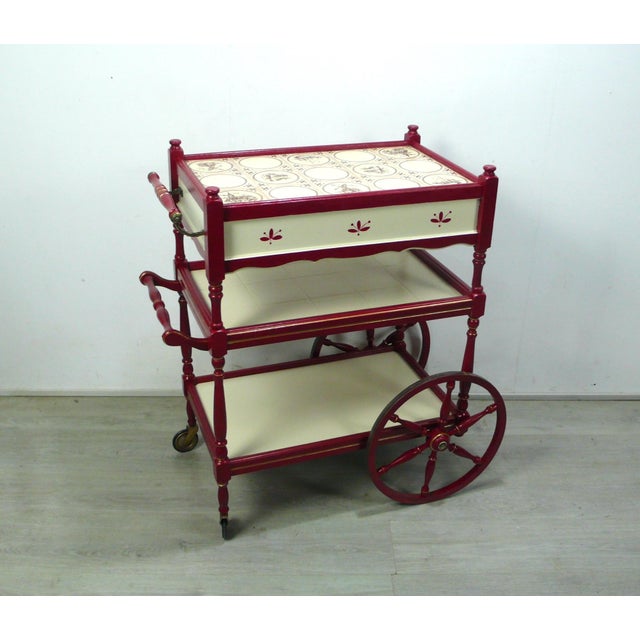 1950s Red and Cream 3-Tier Serving Cart with Drawer, 1950s For Sale - Image 5 of 9
