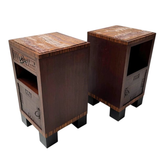 Brown Art Deco Nightstands with Multi-Colored Marble Tops, 1930s, Set of 2 For Sale - Image 8 of 15