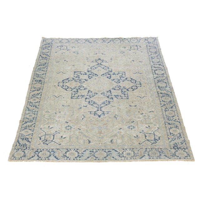 Persian Antique Persian Serapi Beige and Blue Wool Rug Featuring a Medallion Design For Sale - Image 3 of 9