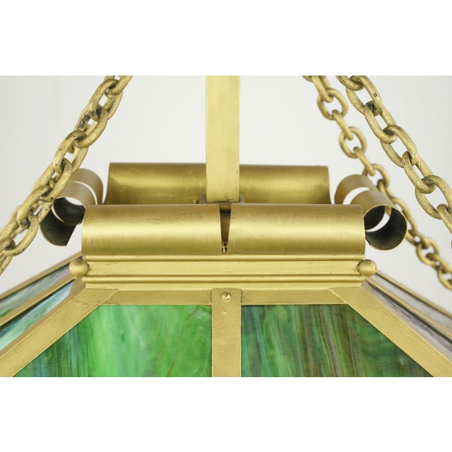 Mid 20th Century Arts & Crafts Figural Stained Glass Rectangular Brass Pendant Light For Sale - Image 9 of 14