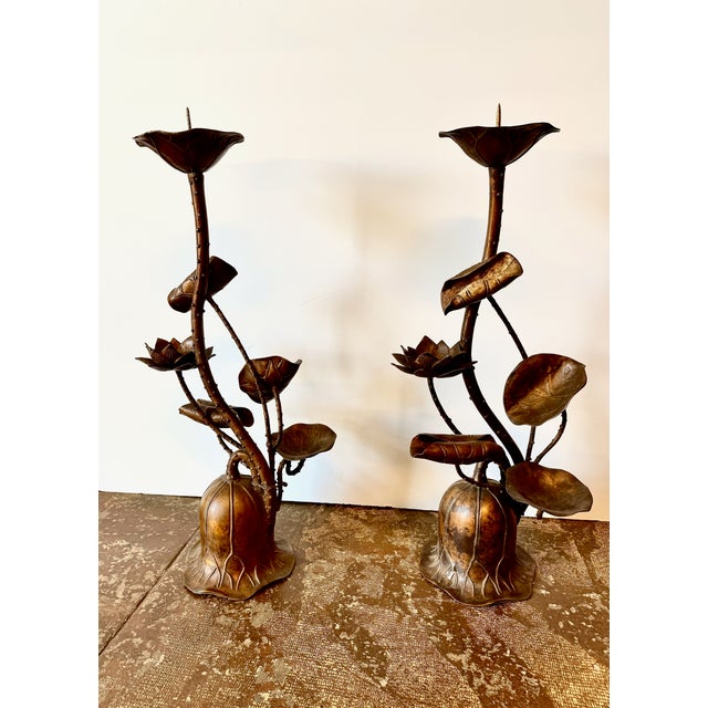 Japanese Bronze Candle Stands, Lotus Design, Mid-Showa Era, 1960s For Sale In Los Angeles - Image 6 of 12