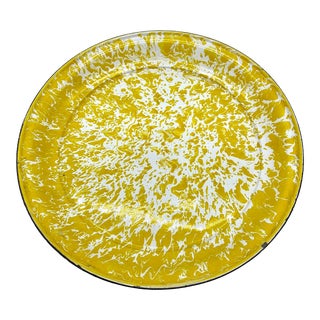 Vintage Yellow & White Metal Enamel Ware Granite Ware Large Round Tray For Sale