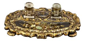 19th Century Large English Papier Mache Inkwell with Mother of Pearl Inlay