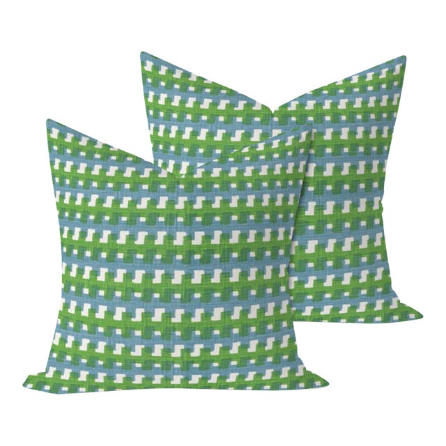 Christopher Farr Cremaillere in Green 22" Pillows - A Pair For Sale