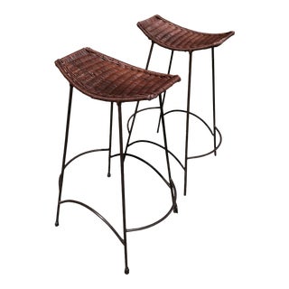 Vintage Mid Century Bar Stools Attributed to Arthur Umanoff Rattan - a Pair For Sale