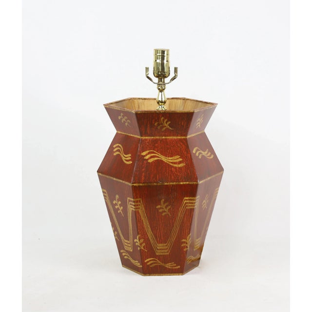 Metal Vintage Red Traced Gold Hand-Painted Pattern Table Lamp For Sale - Image 7 of 8