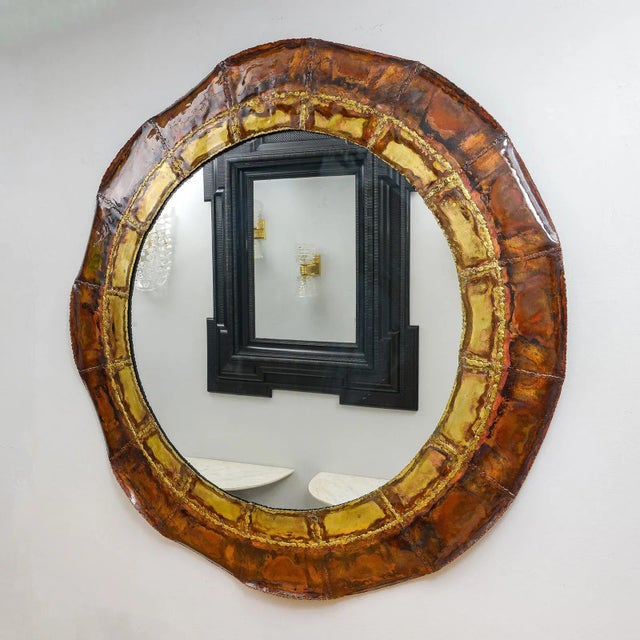 Italian Bespoke Italian Brass and Copper Enameled Mirror For Sale - Image 3 of 8