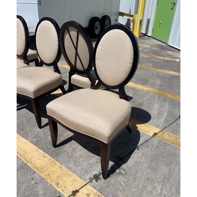 Brown Barbara Barry for Baker Oval X Back Linen Upholstery Dining Chairs, Set of 6 For Sale - Image 8 of 11