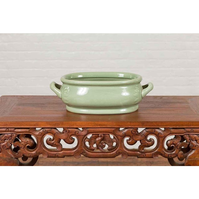 Celadon Chinese Vintage Celadon Foot Bath with Two Handles and Foliage Motifs For Sale - Image 8 of 13