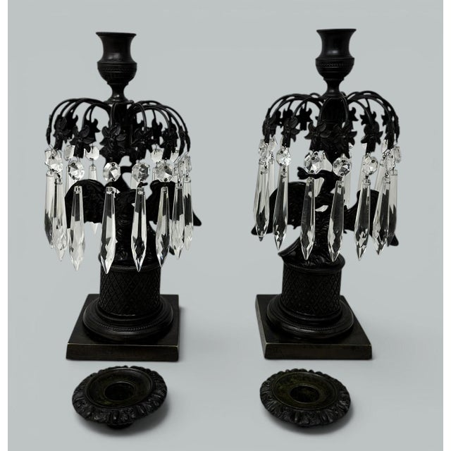 Antique Pair Regency Bronze Crystal Lustres Candlesticks Candelabra Eagles Prisms For Sale - Image 4 of 15