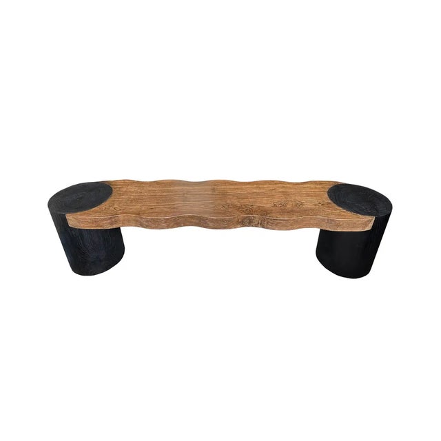 Modern Organic Sculptural Teak Wood Bench in Burnt & Natural Finish For Sale - Image 4 of 8
